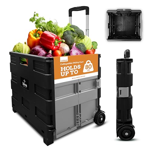 Inspired Living Ultra-Slim Rolling Collapsible Storage Pack-N-Roll Utility-carts, with Telescopic Handle, for Home, Garden, Shopping, Office, School use, Large, Grey & Black - color: Gray, size: Large/ No Lid