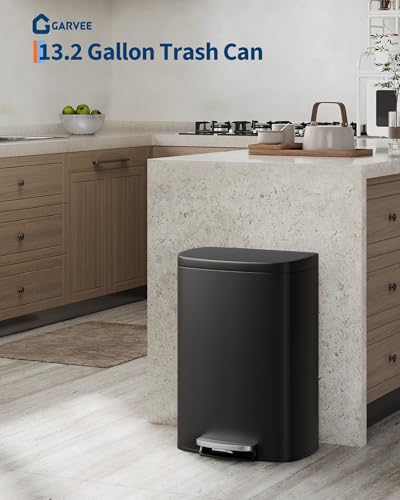 Garvee 13 gal (50 L) and 2.6 gal (10 L) Metal Trash Can Combo Set, Rustproof Garbage Can with Lid, Step-on Trash Bin with Inner Bucket, Rear Handle, Black - color: Black, size: 13.2 + 2.6 gal Combo Set