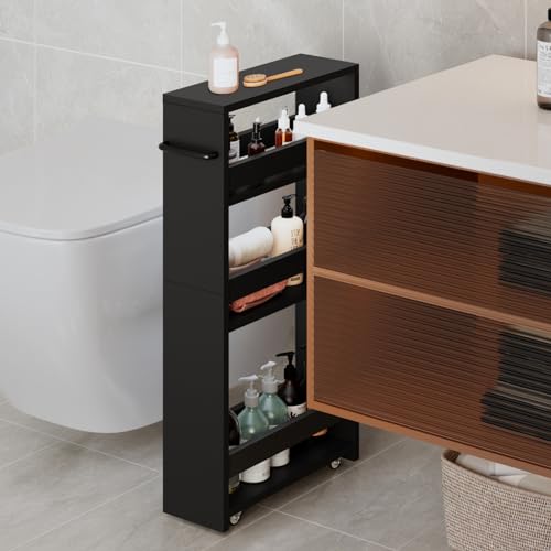 MARTY Slim Rolling Storage Cart, Wood Utility Kitchen Bathroom Laundry Cart - color: Black, size: 5.51"D x 15.75"W x 31.5"H