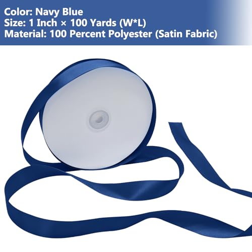 Navy Blue Satin Ribbon 1 Inch 100 Yards, for Wedding Gift Wrapping - color: Navy Blue