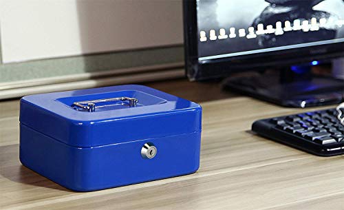 Jssmst Locking Medium Steel Cash Box with Money Tray,Lock Box,Blue - color: Blue, size: M(7.87")