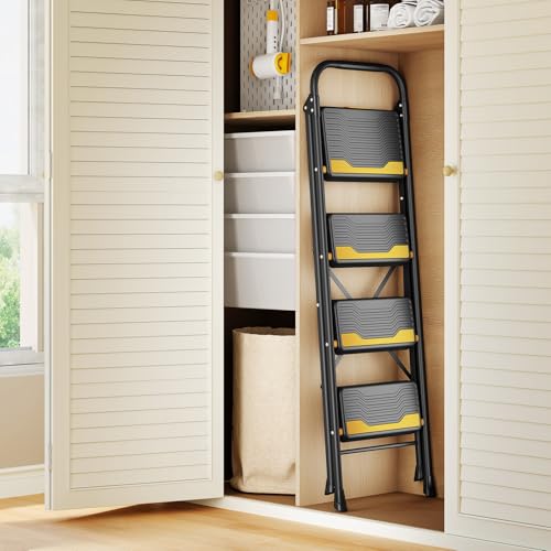 Urackify 4 Step Ladder, Heavy-Duty Pass 800lb Capacity Test, Wide Anti-Slip Steps & Secure Handrail Compact, Folding Step Stool Portable Design for Home, Kitchen, Office, Pantry, Closet Use, Black - size: 4-step