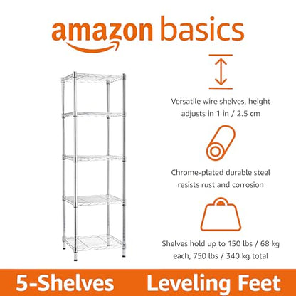 Amazon Basics 5-Shelf Tower Adjustable Storage Shelving Unit, Chrome, 16" x 16" x 54", 150 lbs Per Shelf - color: Chrome, size: 16"L x 16" W x 54"H, style: 5 -Shelf