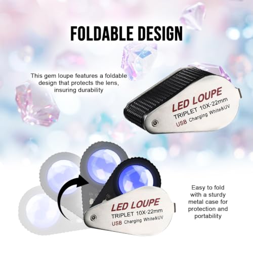 10X Jewelers Loupe Magnifier with UV & LED Lights, 22mm Triplet Lens, Rechargeable Foldable Jewelry Magnifier for Gems, Coins, Diamonds Inspection, Portable Loupe Tool