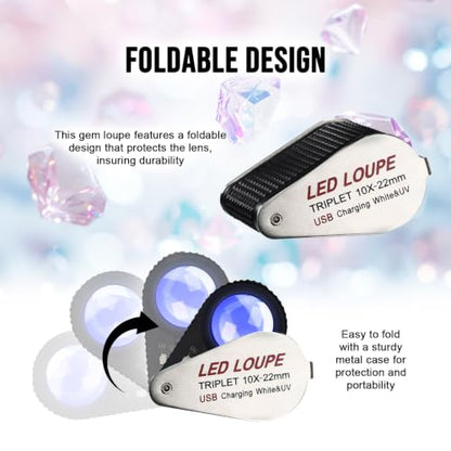 10X Jewelers Loupe Magnifier with UV & LED Lights, 22mm Triplet Lens, Rechargeable Foldable Jewelry Magnifier for Gems, Coins, Diamonds Inspection, Portable Loupe Tool