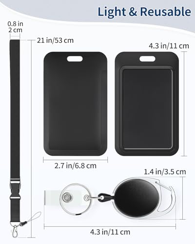 Uniclife Sliding Badge Holder Vertical Plastic Case with Retractable Badge Reel Carabiner and Detachable Lanyard Strap Hard Card Protector for ID Credit Proximity Key Card Driver’s License and Pass - color: Black