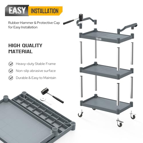 TUFFIOM 3-Tier Plastic Service Utility Cart with Wheels,Heavy Duty 390lbs Capacity,Commercial Rolling for Restaurant, Foodservice, Office, Warehouse, Gray 24.6''L x 15.8''W x 37.4''H - size: Gray 24.6''L x 15.8''W x 37.4''H