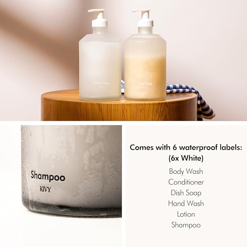 KIVY Glass Soap Dispenser Set 2X 16oz - incl. Waterproof Labels - with Pump - color: Matte White