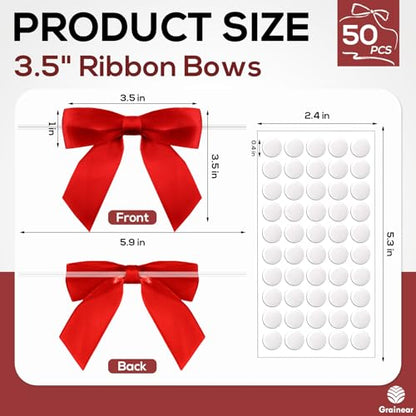 50 Pcs Red Satin Ribbon Bows, 3.5" x 3.5", with Twist Ties - color: Red