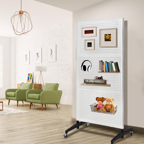 NectaCol 3'x 6' Pegboard Display Stand with T-Base, Metal Peg Board Display Stand with Wheel, Standing Pegboard Display with 20 Pieces Hooks, White - color: White