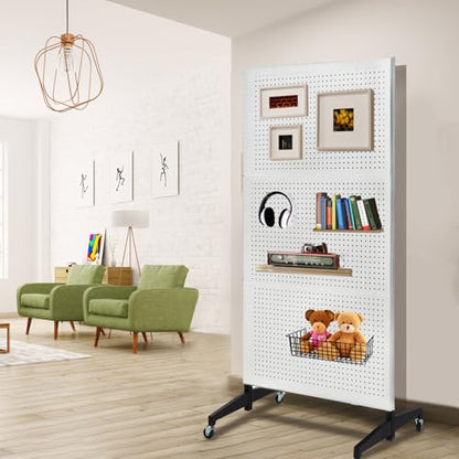 NectaCol 3'x 6' Pegboard Display Stand with T-Base, Metal Peg Board Display Stand with Wheel, Standing Pegboard Display with 20 Pieces Hooks, White - color: White