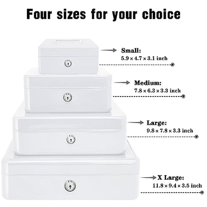 Steel Cash Box with Key Lock, Metal Small Money Organizer with Money Tray,Cash Storage Box with Lockable Cover (White - 9.8" x 7.8" x 3.3") - color: White - 9.8" x 7.8" x 3.3"