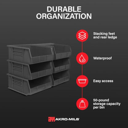 Akro-Mils 30235 AkroBins Plastic Storage Bins, 11"x11"x5", Black, 6-Pack - color: Black