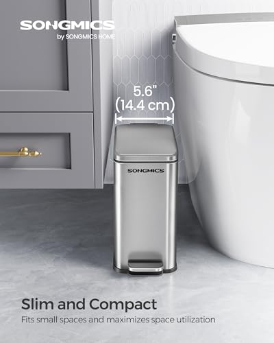 SONGMICS Bathroom Trash Can, 1.3 Gallon Stainless Steel Trash Bin with Lid - color: Silver, style: 1.3 Gal.