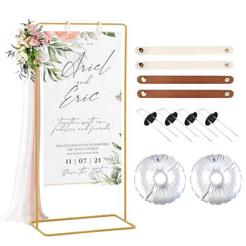 Meiqi Gold Adjustable Wedding Welcome Sign Stand with 4 Leather Hanging Straps, Ground Stakes & Weight Bag - Large Easel for Wedding Signs, Posters, Banners - Perfect for Outdoor Events, Baby Showers - color: Gold