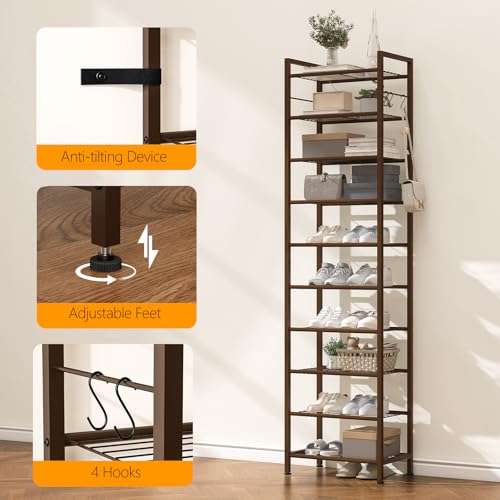 usikey 10 Tiers Narrow Shoe Rack 20-30 Pairs, Sturdy Metal Tall Shoe Rack Shelf with 4 Hooks, Slim Shoe Storage with Metal Shelf, Space Saving Vertical Shoe Organizer for Closet Entryway, Bronze - color: 10 Tier ( 17.9 X 11 X 69.2 Inches)-bronze