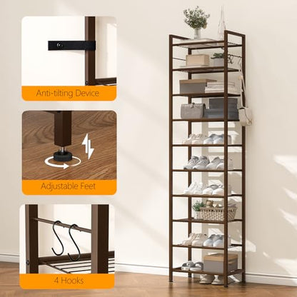usikey 10 Tiers Narrow Shoe Rack 20-30 Pairs, Sturdy Metal Tall Shoe Rack Shelf with 4 Hooks, Slim Shoe Storage with Metal Shelf, Space Saving Vertical Shoe Organizer for Closet Entryway, Bronze - color: 10 Tier ( 17.9 X 11 X 69.2 Inches)-bronze