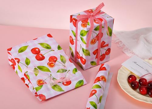 Sikiweiter Cherry Wrapping Paper Roll - 17" x 16.5 ft - Pink Gingham with Red Cherries and Bows - Gift Wrap for Birthday, Party, Baby Shower, Sweet Themes(Cherry) - color: Cherry