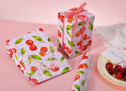 Sikiweiter Cherry Wrapping Paper Roll - 17" x 16.5 ft - Pink Gingham with Red Cherries and Bows - Gift Wrap for Birthday, Party, Baby Shower, Sweet Themes(Cherry) - color: Cherry