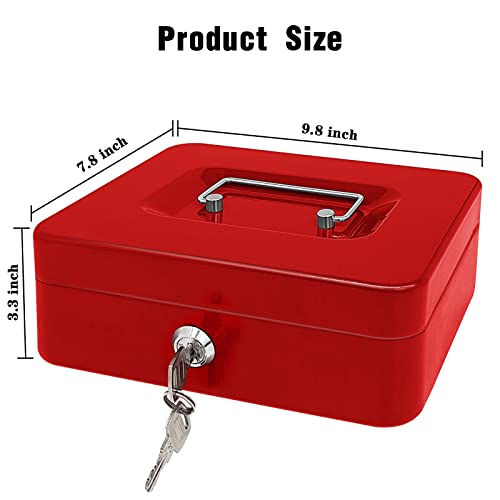 Steel Cash Box with Key Lock, Metal Small Money Organizer with Money Tray,Cash Storage Box with Lockable Cover (Red - 10 inch) - color: Red - 9.8" x 7.8" x 3.3"