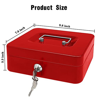 Steel Cash Box with Key Lock, Metal Small Money Organizer with Money Tray,Cash Storage Box with Lockable Cover (Red - 10 inch) - color: Red - 9.8" x 7.8" x 3.3"
