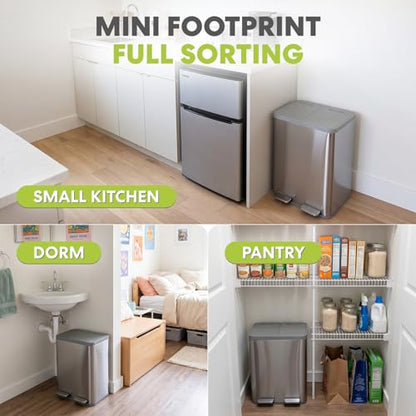 SIMPLI-MAGIC 10.5 Gallon (2 x 5.3 Gallon) / 40 Liter Mini Space-Saving Dual Compartment Stainless Steel KitchenTrash Can, Step-On Kitchen Garbage Bin with Removable Inner Buckets and Soft-Close Lid - size: 40 L