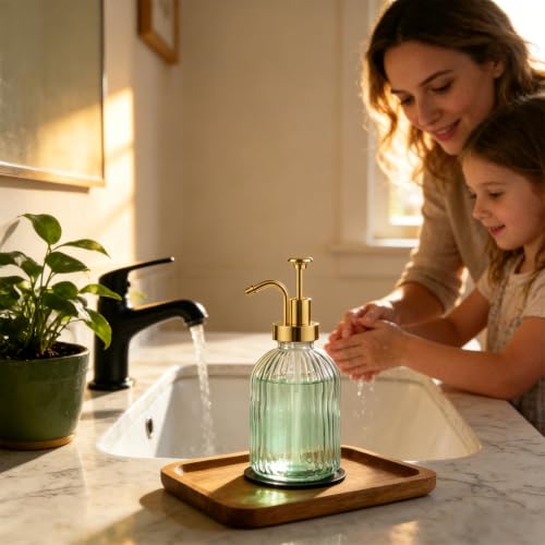 SheeChung 12oz Clear Glass Liquid Soap Dispenser, Gold Pump, Striped,1 Pack - color: Clear, Gold Pump, 1pc