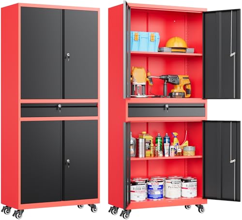 SISESOL Metal Storage Cabinet with Wheels and Drawer,Rolling Garage Storage Cabinet with Lock,Black Red Metal Cabinets with Wheel,73" Mobile Tall Tool Cabinets on Wheel for Home,Office,Garage,Shop - color: Red Black, size: 73"H x 31.5"W x 16"D