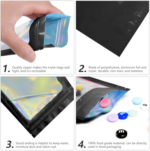 Funfery 100pcs Black Mylar Holographic Bags-Resealable Zipper&Clear Window - color: Black, size: 7 x 10 Inch