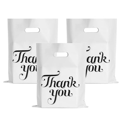 100 Pack Thank You Bags for Small Business, 8 x 12 Inch Plastic Shopping Bags with Handles (WHITE, 18" X 14") - color: WHITE