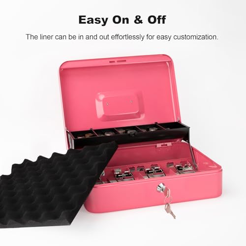 Cash Box with Key Lock & Foam Auto-Pop Coin Tray – Secure Steel Money Box with 4 Upgraded Finger-Safe Bill Clips, Premium Smooth Scratch-Resistant Coating, 11.8"L x 9.5"W x 3.5"H, KL Hot Pink - color: KL Hot Pink
