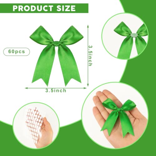 Emerald Green Bows 60Pcs 3.5Inch Pre-Tied Satin Ribbon Bows, Sticky Dots - color: Emerald green, size: 60 PCS