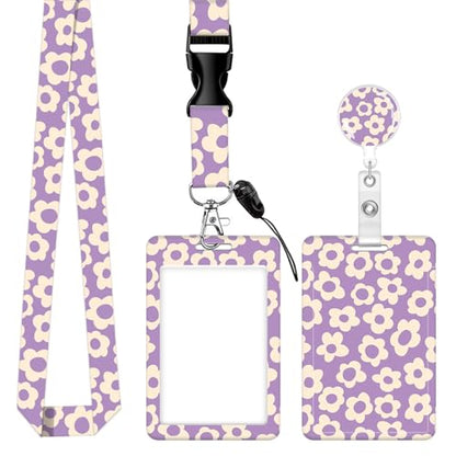 ID Badge Holder with Lanyard,Fashionable Retractable Badge Holders Reels with Lanyards Adjustable, for Women Kids Teacher Nurses Doctor Student(Purple Groovy Flower) - color: Purple Groovy Flower
