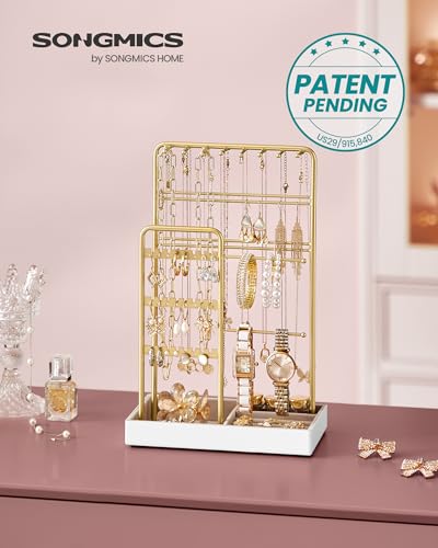 SONGMICS Jewelry Holder, Display Stand, Metal Frame, Velvet Tray - color: Pale Gold, size: 4.5"D x 7.7"W x 12.1"H