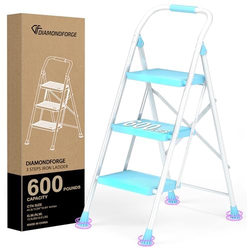Step Ladder Foldable Folding Stool - for Home Adults Kitchen 3 Stepping Extension Tall Heavy Duty with Handrails - Closet Stepstool Stair Ladders Extendable Stepladder for Indoor House 600Lbs