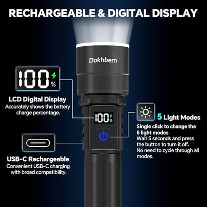 Rechargeable Flashlights 2 Pack, Super Bright LED Long Handle Flashlight with LCD Digital Display, 5 Modes & Zoomable Tactical FlashLights, Large Capacity Battery Powerful Flash Light for home - size: 2PACK