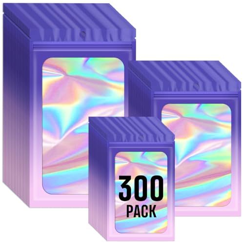 Funfery 300 Pack 3Size Mylar Holographic Bags with Clear Window,Purple Pink - color: Purple Pink, size: 3x4.7+4x6+4.7x7.9 Inch