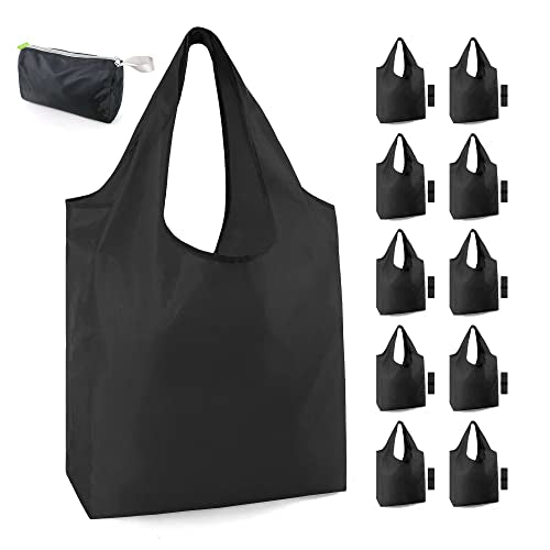 BeeGreen 10 Pack Black Reusable Grocery Bags with Storage Pouch Reusable Shopping Bags Bulk with Elastic Band 50LBS X-Large-Foldable-Washable-Heavy Duty-Waterproof Grocery Tote Bags - color: Solid Black