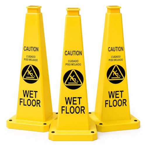BESEA Wet Floor Sign 3 Pack, 28 Inch Heavy Duty Weighted Caution Cones - color: Yellow, size: 28INCH With Caution Sign