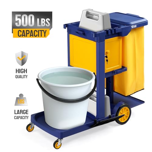 TUFFIOM Multifunctional Janitorial Cart with Key-Locking Cabinet,Cleaning Carts on Wheels,with 15 Gallon Collection Bag,500 lbs Capacity, Yellow&Blue - color: Blue