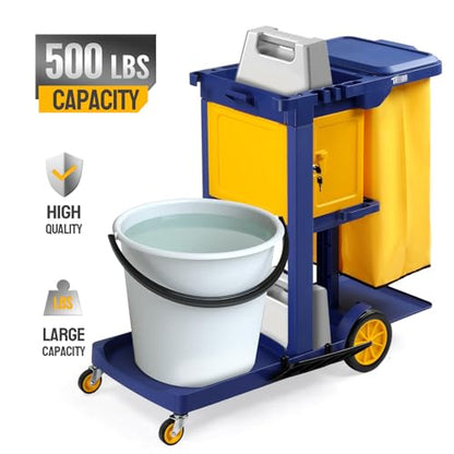 TUFFIOM Multifunctional Janitorial Cart with Key-Locking Cabinet,Cleaning Carts on Wheels,with 15 Gallon Collection Bag,500 lbs Capacity, Yellow&Blue - color: Blue