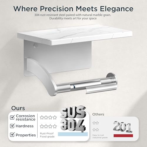 FORIOUS Toilet Paper Holder with Shelf, Natural Marble, Commercial - color: Brushed Nickel, size: Single Roll