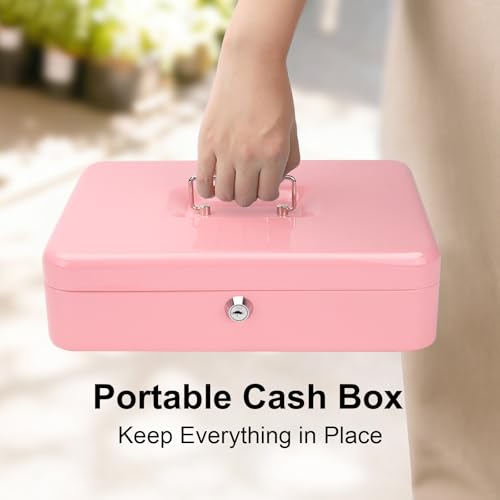 Jssmst Metal Cash Box with Money Tray and Lock, Portable Cash Drawer, 11.8" - color: Pink Key-C