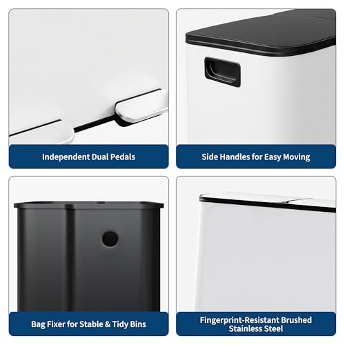 2x8 Gal Dual Compartment Stainless Steel Kitchen Trash Can with Lid, 30L+30L Recycling Garbage Bin, Soft Close Foot Pedal Trash Bin with 2 Removable Inner Buckets, Fingerprint Resistant for Home Offic - color: White, size: 2x8 Gal