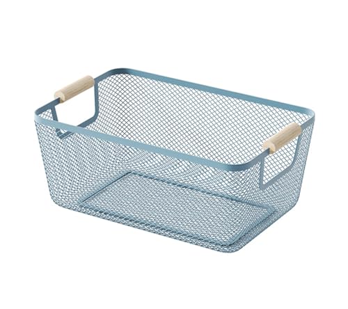 AJIODA Metal Mesh Steel Basket, Small Wire Storage Organizer Baskets Multi-function Hanging Kitchen Basket with Wood Handle for Kitchen Bathroom Picnic Home, Rectangle-Blue - color: Blue, size: 1Pack-Small