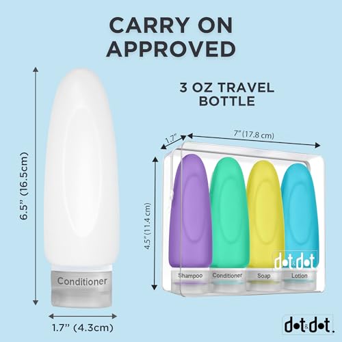 Dot&Dot Leak Proof Travel Bottles - Tubes for Liquid TSA Approved 3oz Silicone Toiletries Travel Shampoo & Conditioner Containers with Labels - color: 4pc 3 oz - Violet/Green/Yellow/Blue
