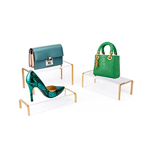 Purse Display Stand, 6mm Thick Clear Acrylic Risers Display Stands, Gold Shoe Display Riser, 3 Pack Luxury Handbag Bag Wallet Shoes Jewelry Perfume Display Showcase for Closet Retail Vendor Store
