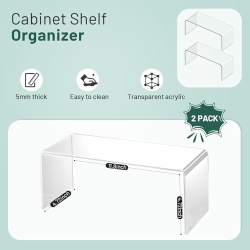 Clear Cabinet Shelf Organizers, 2 Pack Shelf Risers Kitchen Cabinets, Spice Rack for Dishes, Soda Cans and Cup（11.8 x 4.72 x 4.72 Inch） - size: 2 Pack