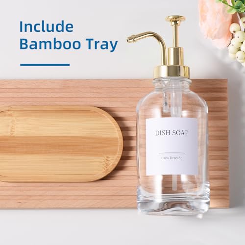 Glass Soap Dispenser with Pump, Dish and Hand Soap Dispenser for Kitchen Bathroom Set, Clear Glass Dispenser Set of 2 Pack with 18 Stickers Funnel Bamboo Tray 500ml 18oz / Each Bottle Gold Pump - color: Glass+gold Pump