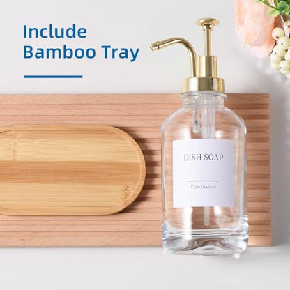Glass Soap Dispenser with Pump, Dish and Hand Soap Dispenser for Kitchen Bathroom Set, Clear Glass Dispenser Set of 2 Pack with 18 Stickers Funnel Bamboo Tray 500ml 18oz / Each Bottle Gold Pump - color: Glass+gold Pump